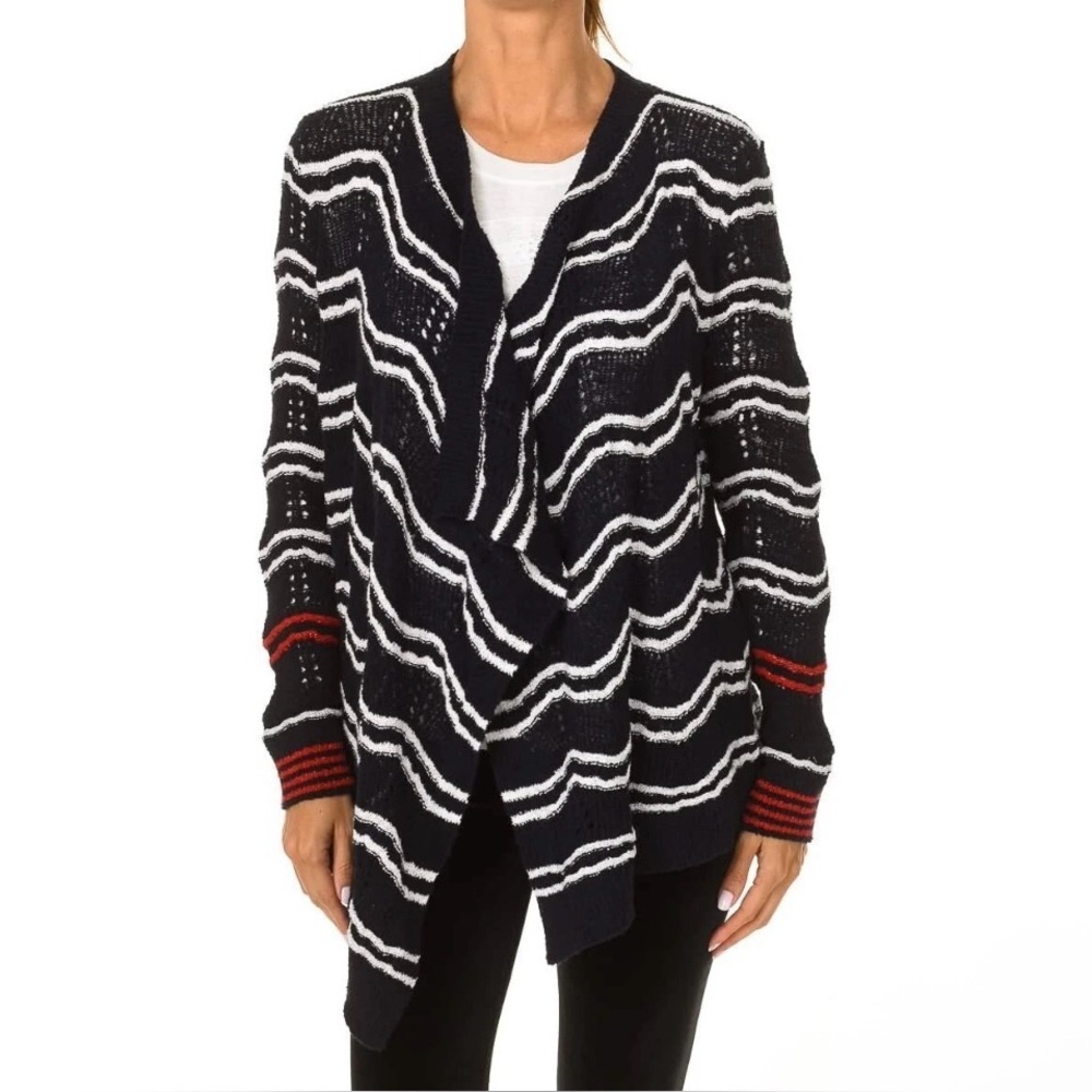 Desigual Cardigan Womens Medium Navy White Stripe Open Front Long Sleeve Red